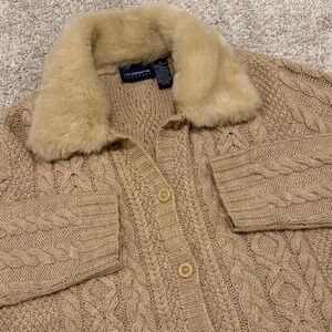 Rare 90s Vintage Liz Claiborne LizSport‎ 100% Wool 3D Cardigan | Tan | M